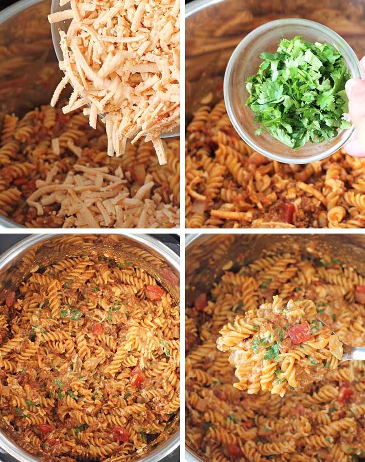 Third sequence of steps needed to make one pot cheesy taco pasta.