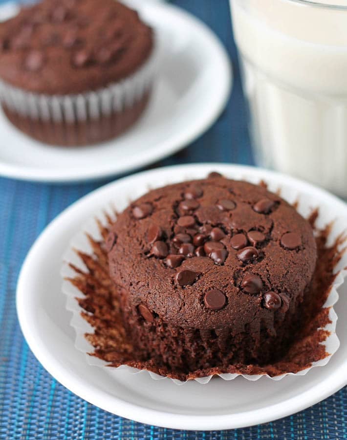 Gluten-Free Vegan Chocolate Muffins on white plates, the muffin in the front has the muffin wrapper peeled off.