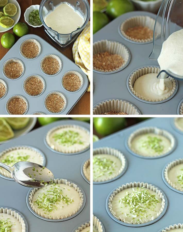 Second sequence of steps needed to make a vegan lime cheesecake.