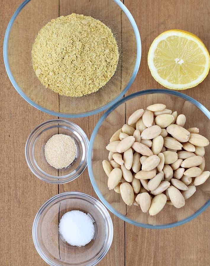 Overhead shot of the ingredients needed to make vegan parmesan.