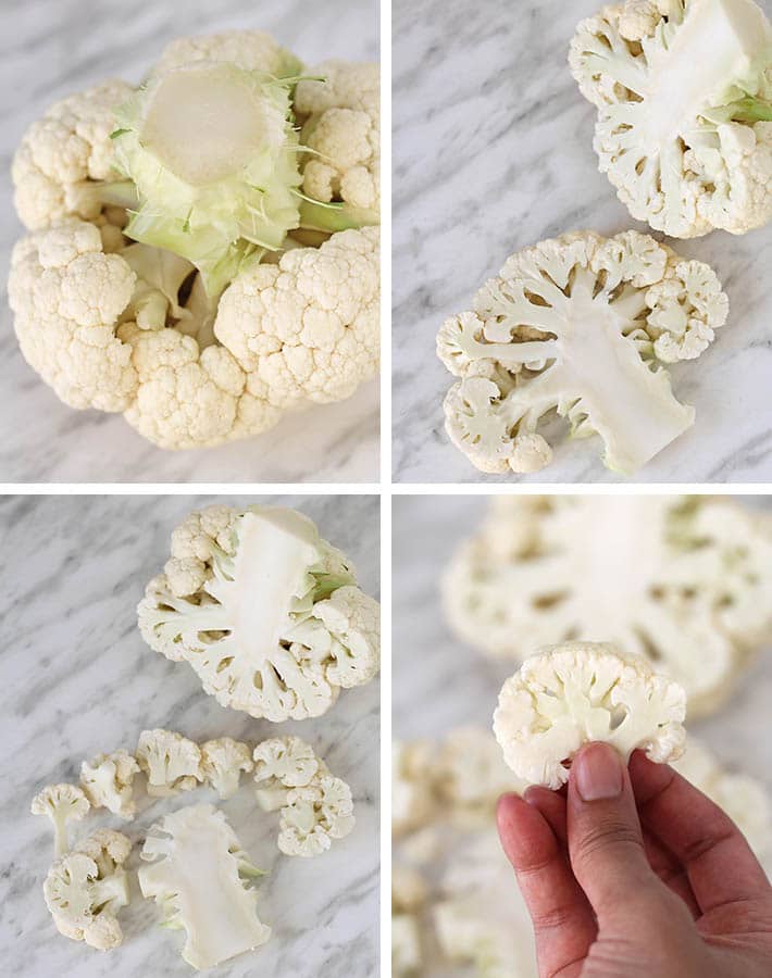 A collage showing the steps needed to cut the cauliflower to make roasted garlic cauliflower.