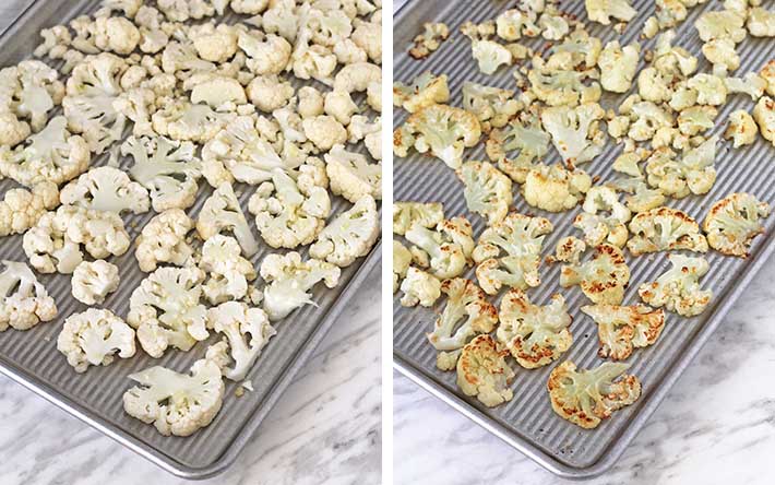 A collage of 2 pictures showing roasted garlic cauliflower on a sheet pan before and after roasting.