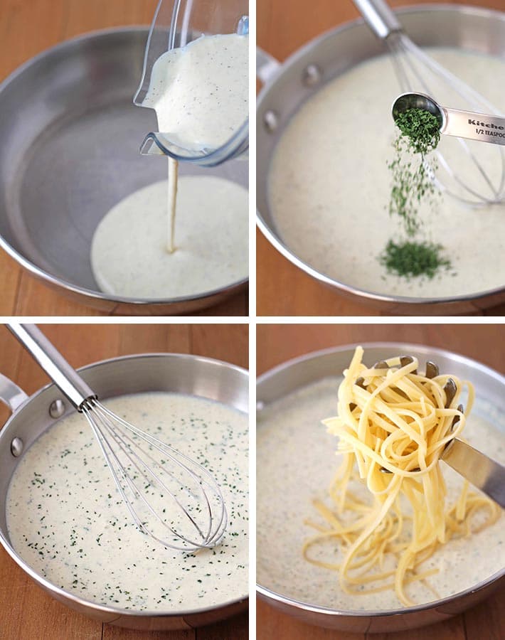 Sequence of steps needed to make Vegan Garlic Pasta.