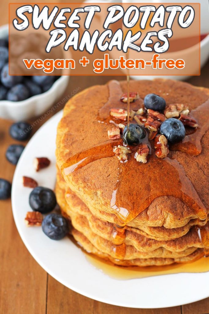 Fluffy, delicious gluten free sweet potato pancakes that also happen to be vegan! These easy pancakes are the perfect addition for your breakfast table.