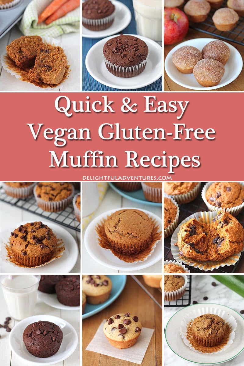 A collage of images of muffins, there\'s a text box in the middle that says quick and easy vegan gluten free muffins recipes.