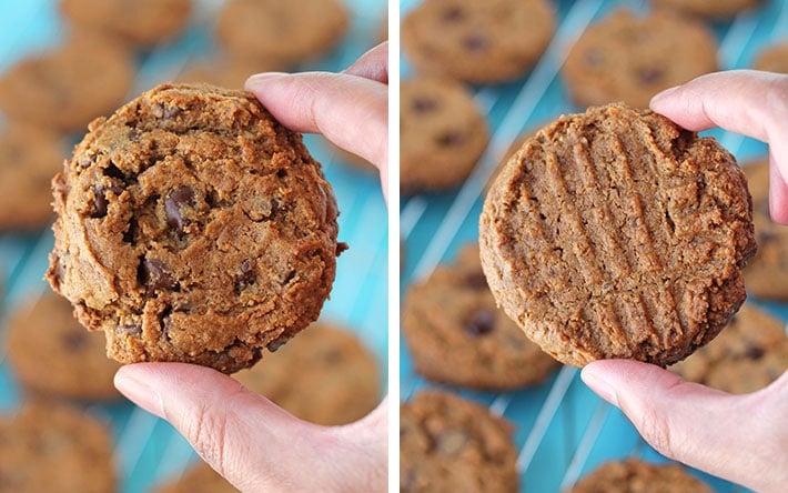 A hand holding the two different types of Vegan Gluten Free Peanut Butter Cookies, plain and chocolate chip.