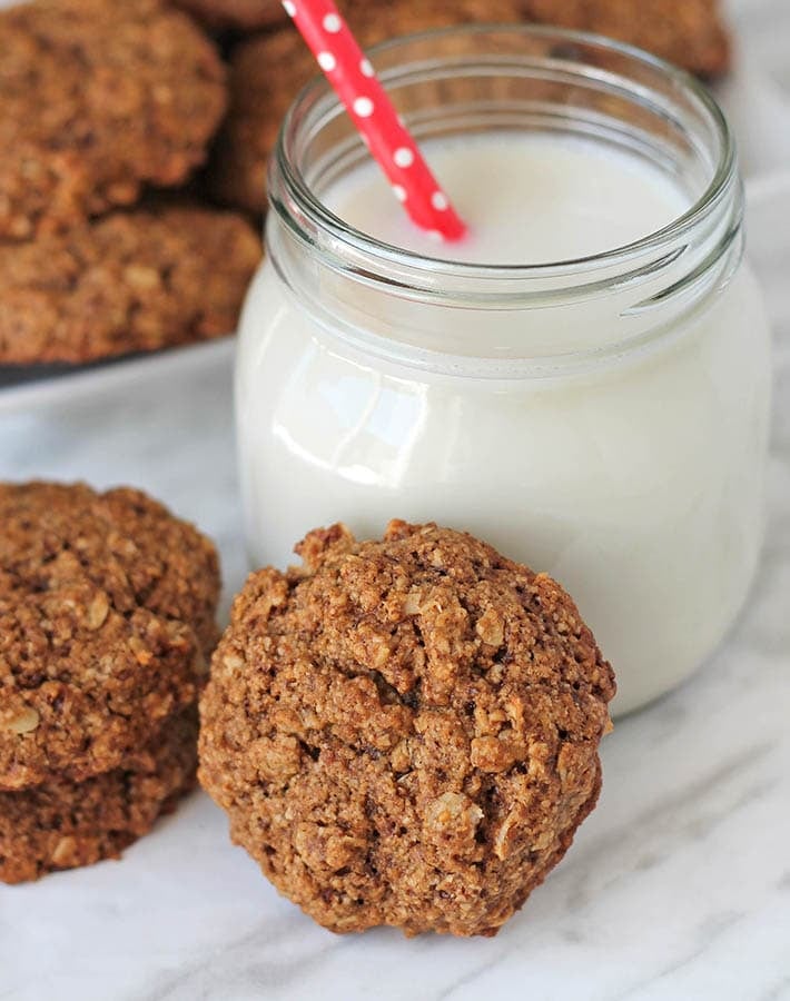 A Vegan Gluten Free Oatmeal Cookie leaning against a glass of almond milk.