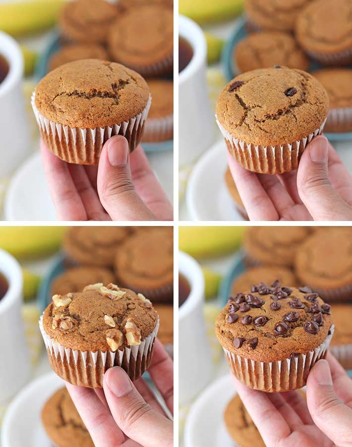 A collage showing the four types of vegan gluten free banana muffin variations you can make with this recipe..