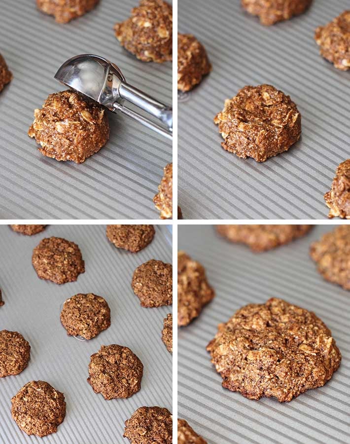 A collage of 4 images showing the second sequence of steps needed to make oatmeal cookies.