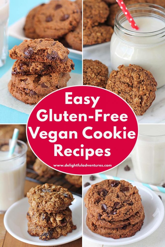 A collage of four cookie images, there's a circle in the middle of the image that says easy gluten-free vegan cookie recipes.