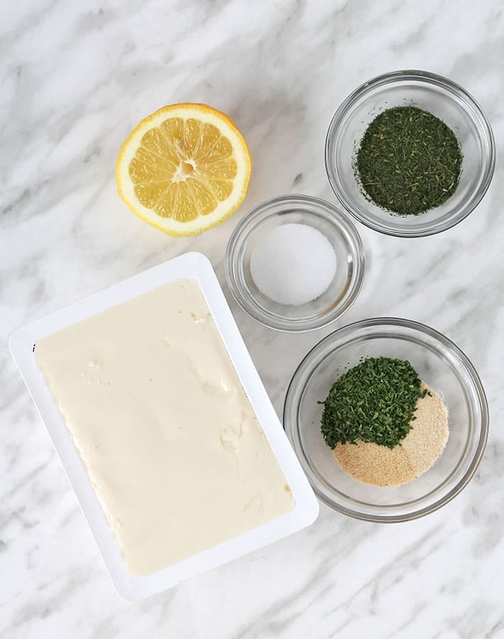 Overhead shot of the ingredients needed to make vegan vegetable dip.