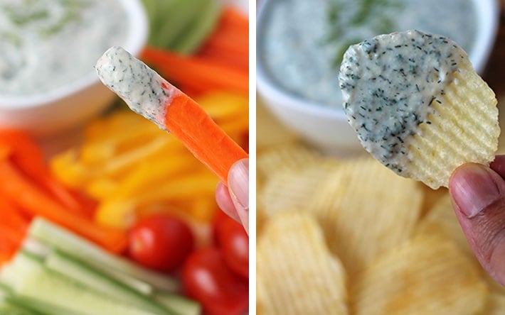 Two images showing some choices for what to dip into vegan veggie dip (chips and veggies).