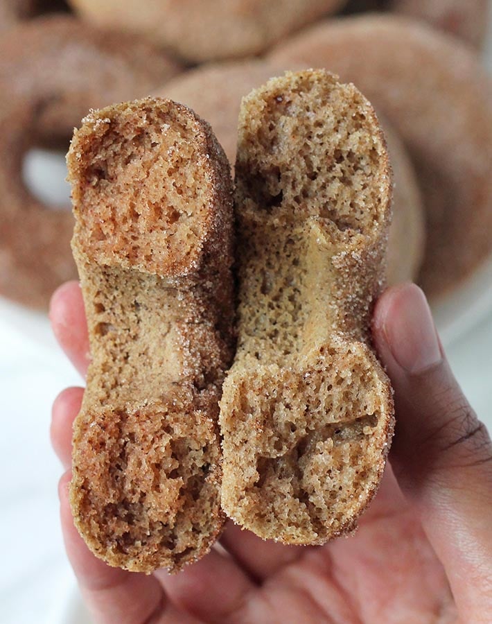 Inside shot of baked cinnamon donuts.