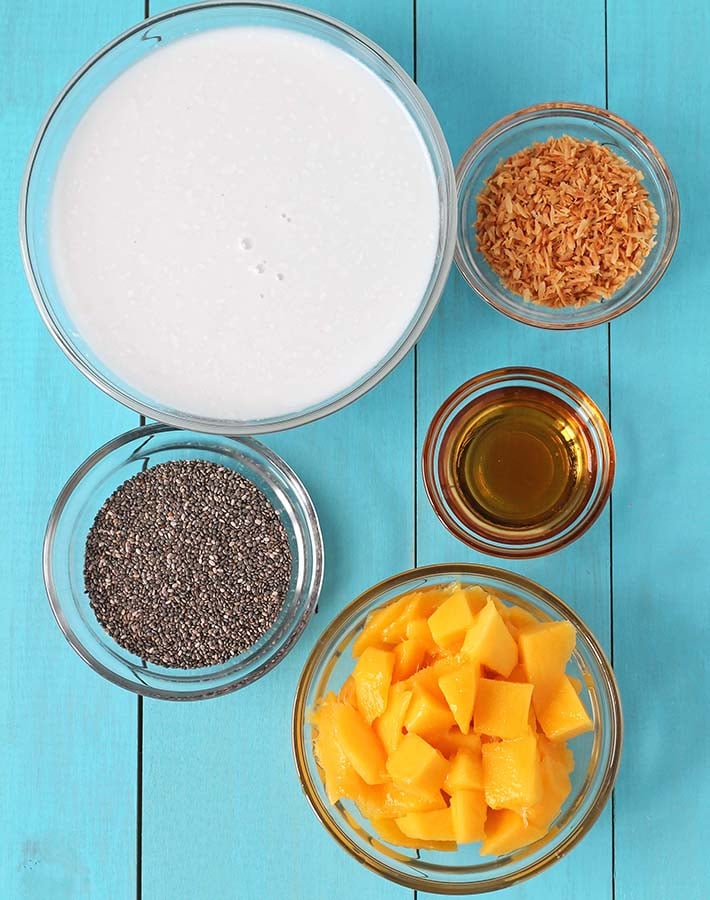 Ingredients for mango coconut chia pudding