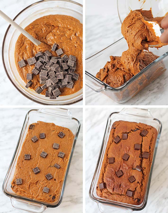 A collage of four images showing the second sequence of steps needed to make vegan gluten free sweet potato bread.