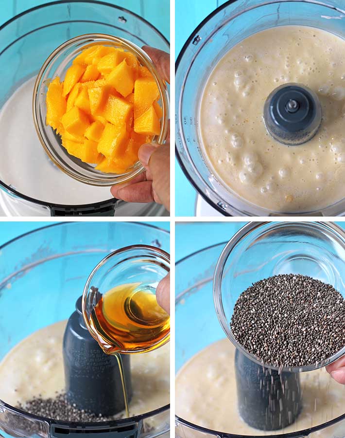 Sequence of steps needed to make coconut mango chia pudding.