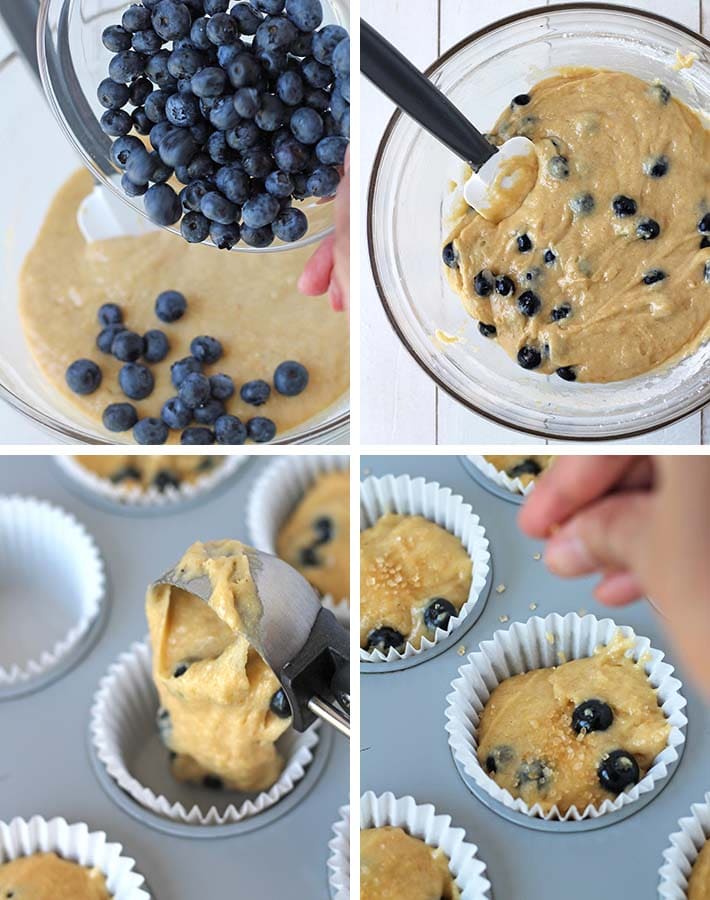 Second sequence of steps needed to make vegan gluten free blueberry muffins.