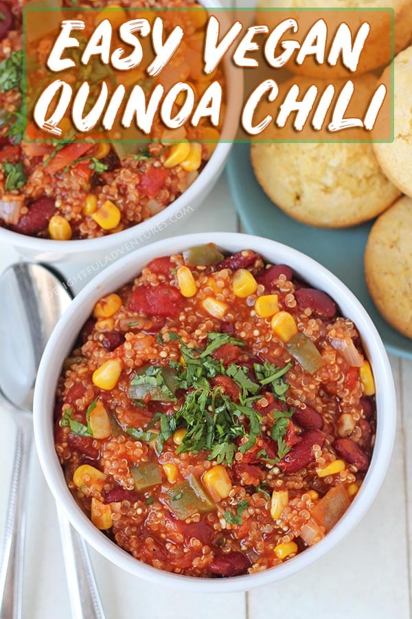 Easy Vegan Quinoa Chili loaded with good-for-you ingredients! This recipe comes together in under 30-minutes and is perfect for a quick dinner or lunch.