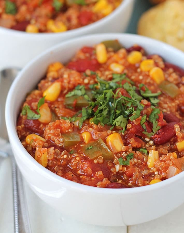 Close up shot of Spicy Quinoa Chili in a white bowl.