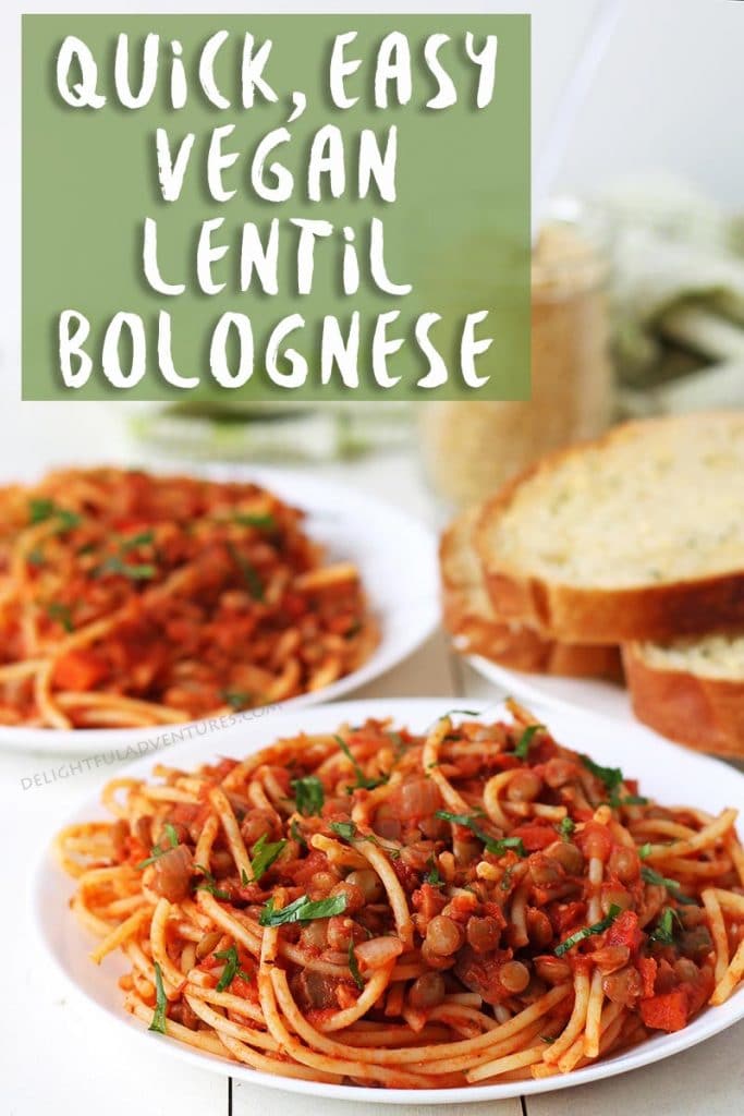 Shortcut vegan bolognese made with lentils and pantry staples. You can have this filling, flavorful, kid-friendly meal on the table in under 30-minutes!