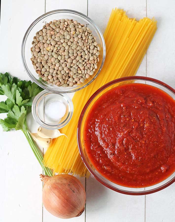 Ingredients needed to make lentil Bolognese.