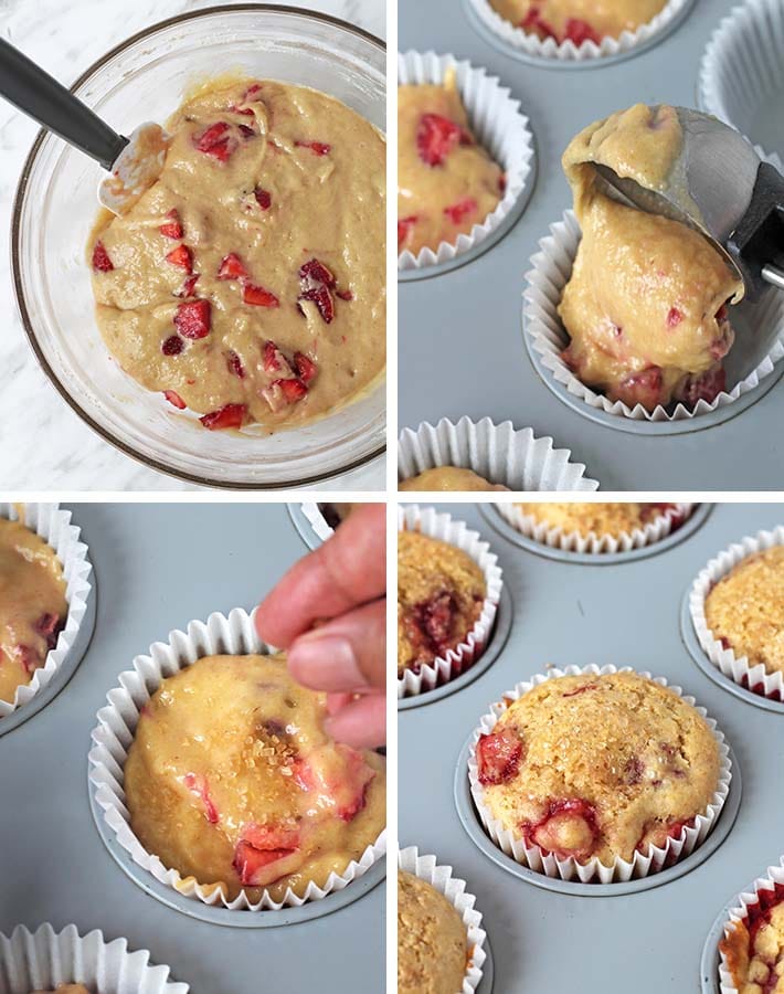 Second sequence of steps needed to make dairy free strawberry muffins.