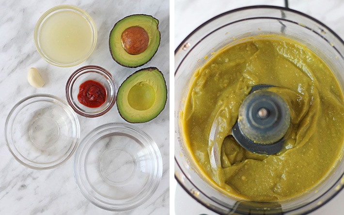 Ingredients for Avocado Crema and blended crema in a food processor.