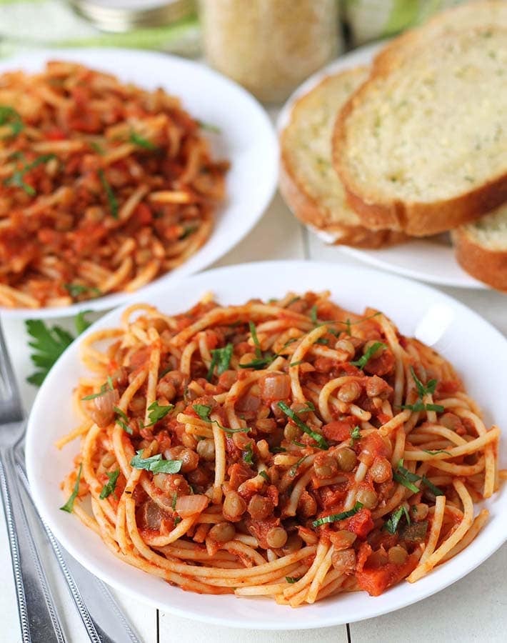 Vegan Bolognese on a white plate.