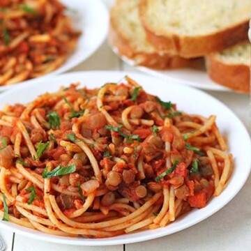A plate of vegetarian spaghetti bolognese.