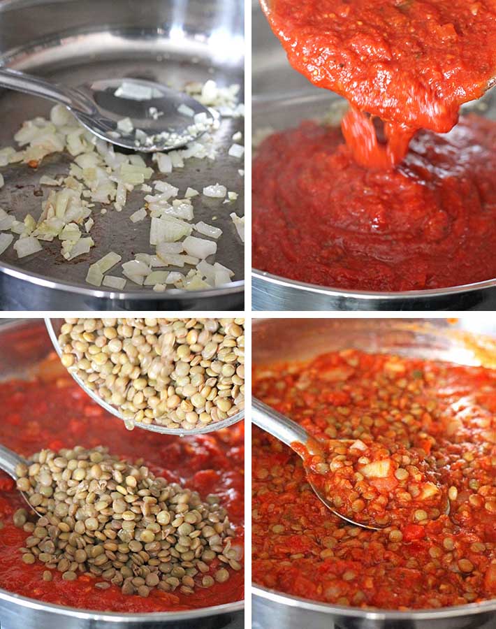 Sequence of steps needed to make vegan Bolognese sauce.