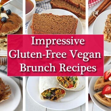 A collage of six images showing vegan gluten free brunch recipes.