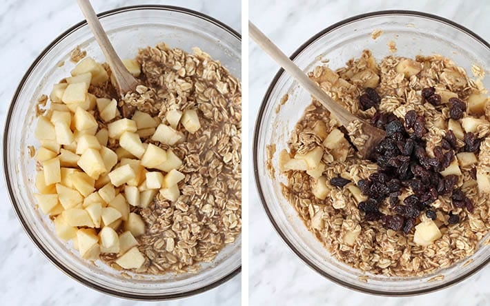 The add-ins for healthy baked oatmeal being added to the mixture.