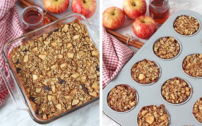 A collage of two images showing the different types of bakeware you can make apple baked oatmeal in.