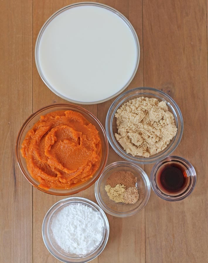 Overhead shot showing the ingredients needed to make eggless pumpkin pudding.