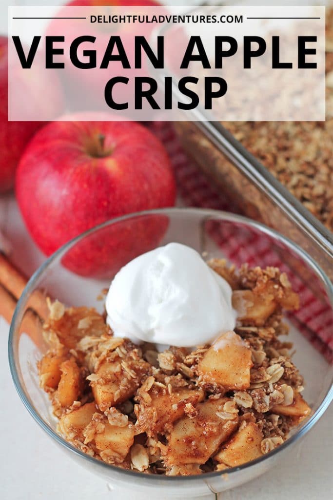 This vegan apple crisp recipe is a dessert you’re going to want to make every fall (and even year-round!). The apple crisp topping is slightly sweet and spiced to perfection and one of the best things about this simple apple crisp is that it’s very easy to make. Serve this vegan dessert plain or take it over the top by serving with a scoop of dairy free ice cream!