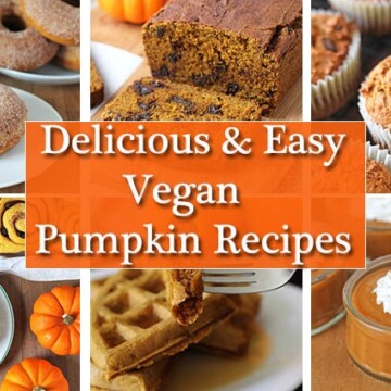 A collage of six images of vegan pumpkin recipes.
