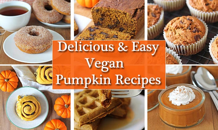 A collage of six images of vegan pumpkin recipes.