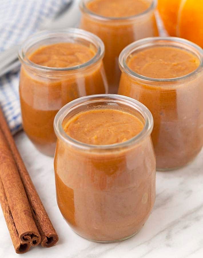 4 small serving jars filled with vegan sweet potato pudding.