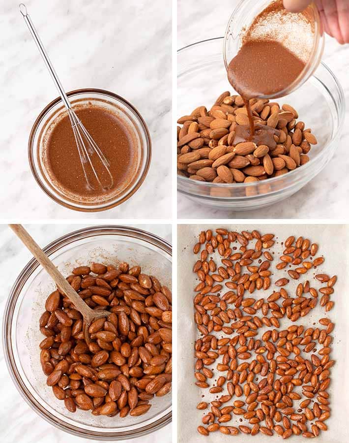 Sequence of steps needed to make maple glazed almonds.