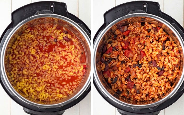 A collage of two images showing the before and after of Instant Pot chili mac, one cooked, one not cooked.