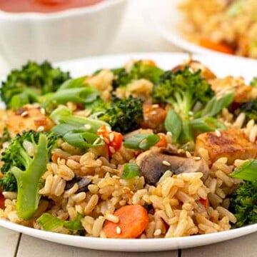 Close up shot of vegan fried rice on a white plate.