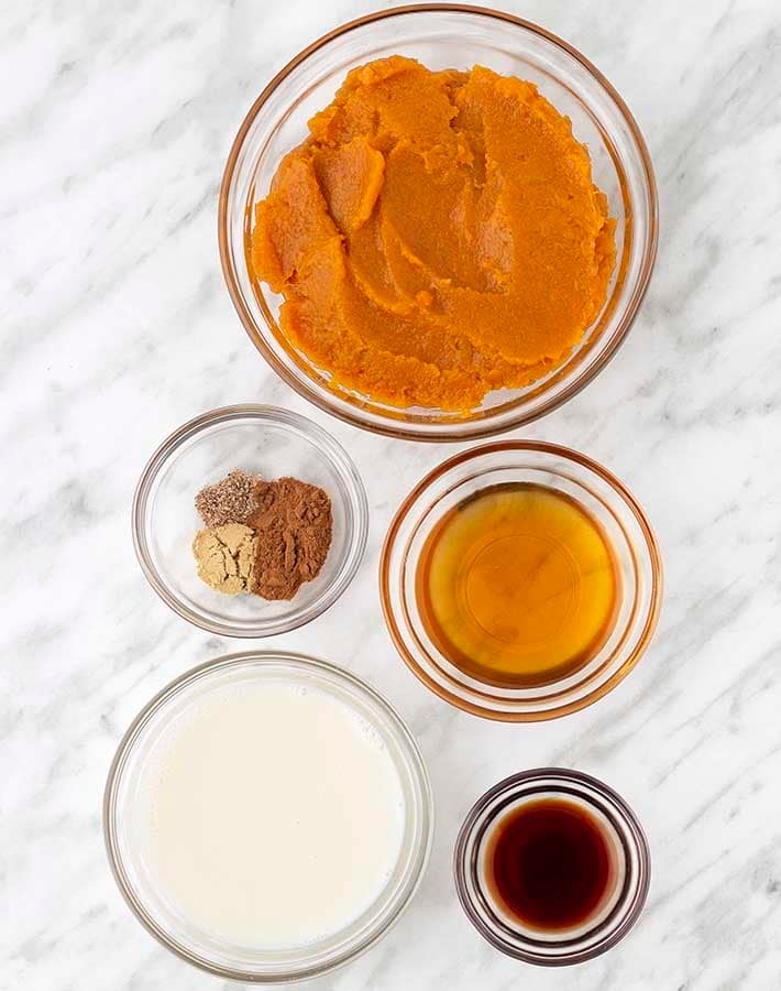 Overhead shot of the ingredients needed to make vegan sweet potato pudding.