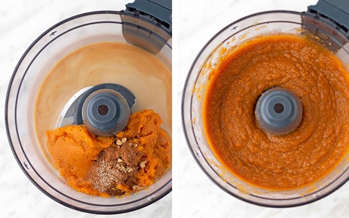 A collage of 2 images showing the two steps needed to make vegan sweet potato pudding.