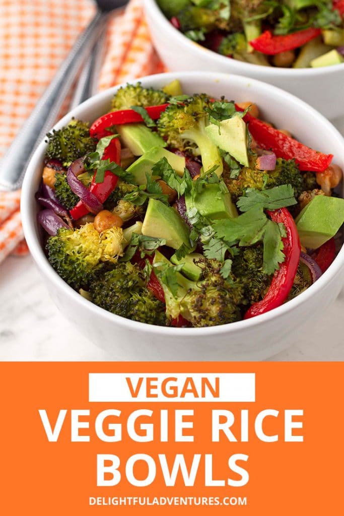 Pinterest pin showing veggie rice bowls, this image is to be used to pin this recipe to Pinterest.