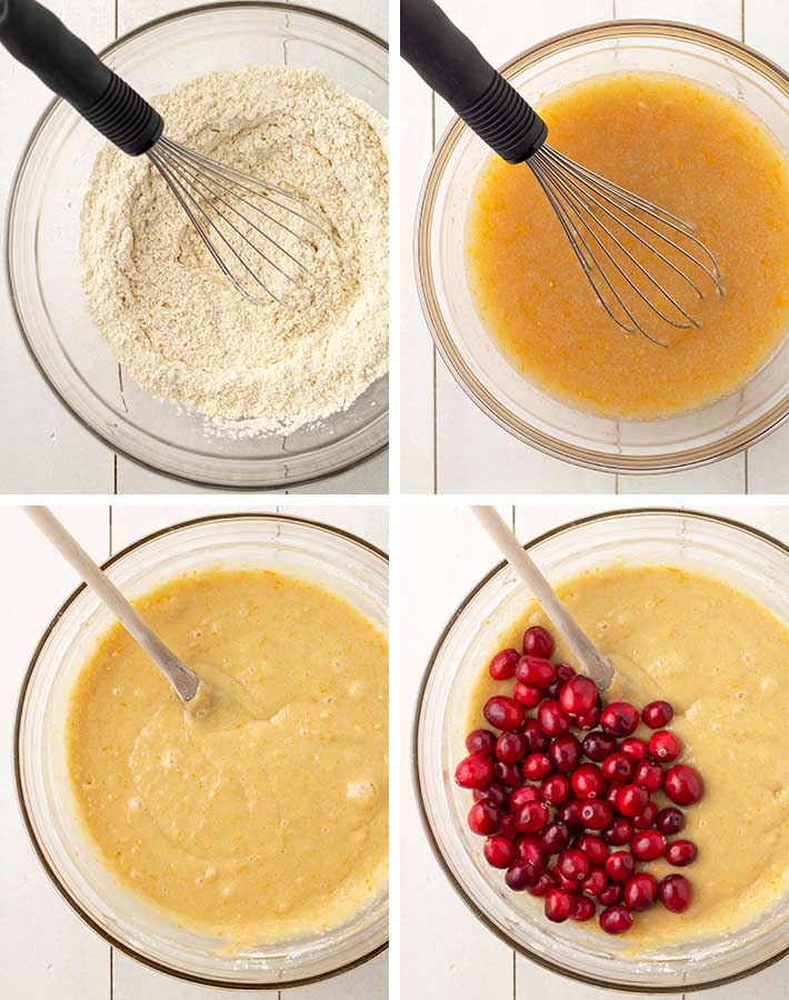 Sequence of steps needed to make gluten free cranberry orange bread.