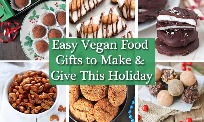 Collage of six images showing ideas for vegan gifts to give for the holidays.