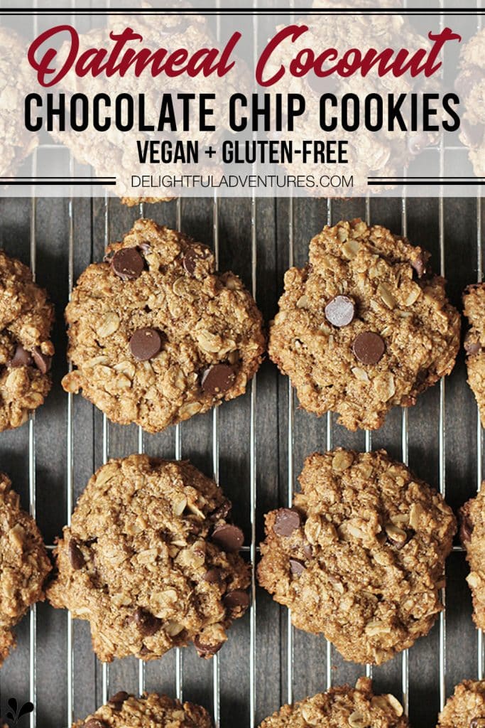 Pinterest pin showing vegan gluten free oatmeal coconut chocolate chip cookies, this image is to be used to pin this recipe to Pinterest.