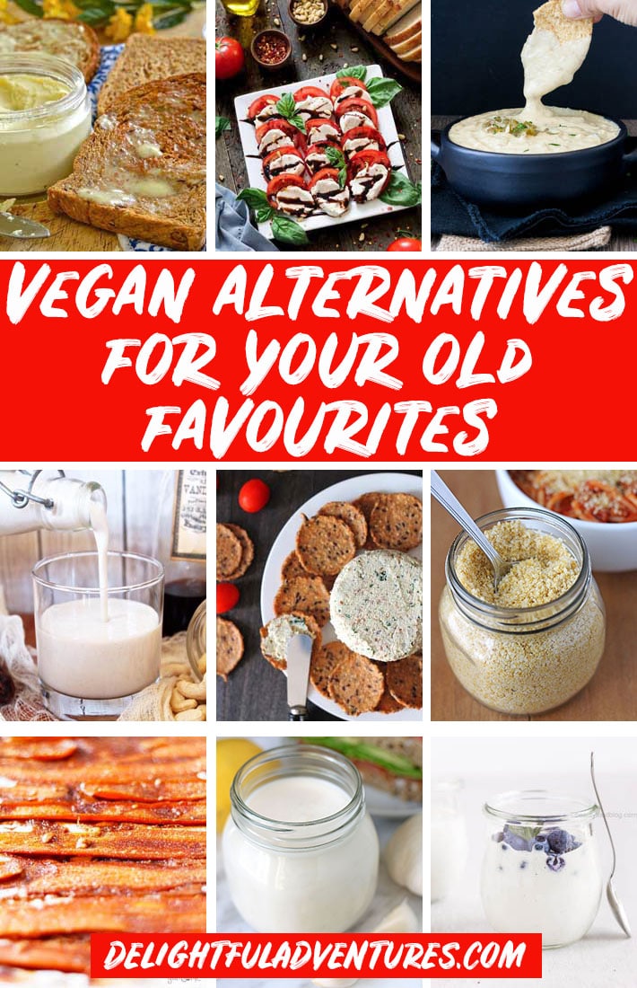 Pinterest collage of images of vegan alternatives for pinning on Pinterest.