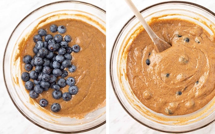 Two images showing the sequence of steps needed to make the batter for gluten free banana blueberry muffins.