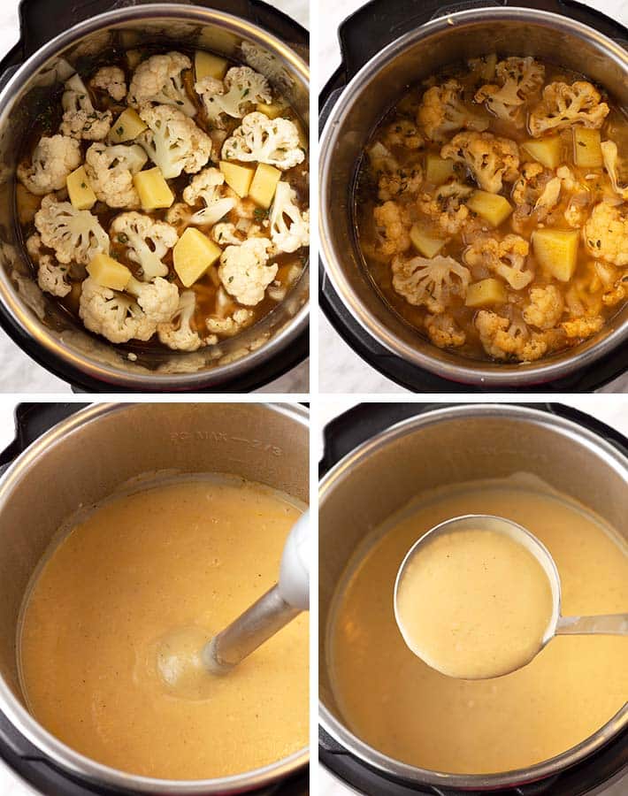 A collage of four images showing the sequence of steps needed to make vegan cauliflower soup.